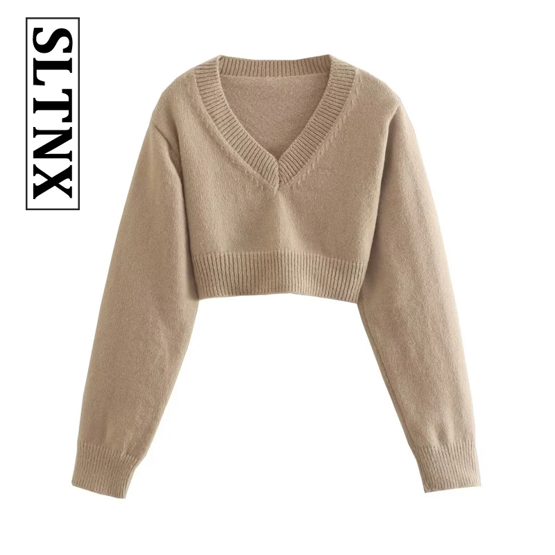 

SLTNX 2022 Autumn Fashion Women V-Neck Long Sleeve Sweater Leisure Soft Knitted Khaki Pullover Cropped Sweaters S M L Size