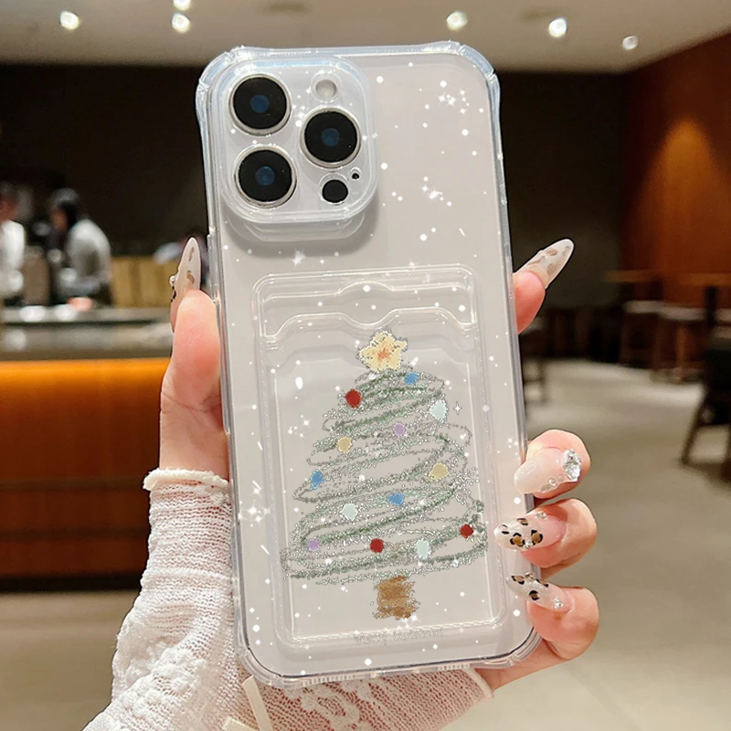Фото Чехол для iPhone 16 Pro Max с роскошным принтом «Рождественская елка», прозрачный мягкий силиконовый чехол-держатель для карт для iPhone 15 14 13 Pro Max 12 11 №4