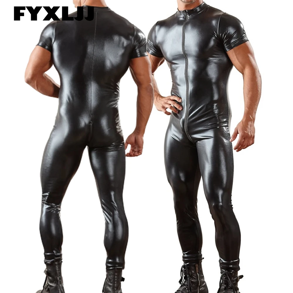 FYXLJJ Mens Faux Leather Zipper Bodysuit Gay Hot Lingerie Leather Catsuit Fetish Clubwear Sexy Barwear Stage Performance Costume