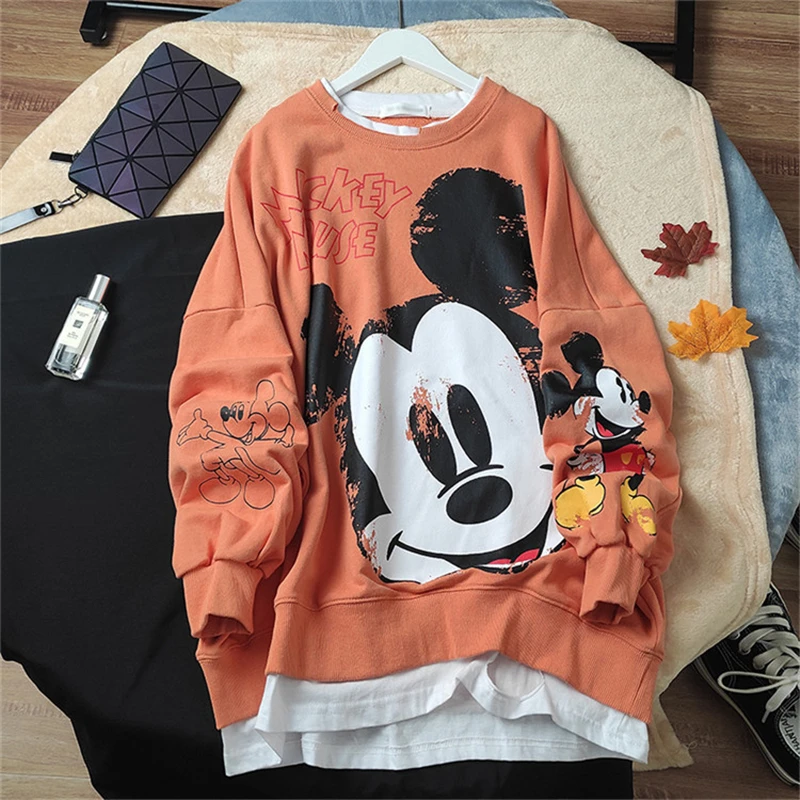 

Disney Mickey Mouse Long Sleeve Pullover Cartoon O-neck Women Sweatshirts Winter Lady Clothes Female Loose Casual Hooded Tops