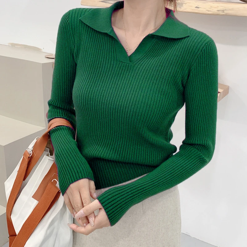 

Korean Style Turn-Down Collar Women Sweater Female Long Sleeve Top Casual Pullover Knitted Sweaters Fall Clothes V Neck Jumper