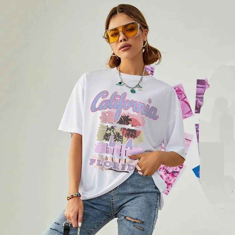 

Hip Hop California Print Letter Graphic T Shirts Women Vintage Short Sleeve Loose Casual Tshirt American Fashion Top Summer 2022