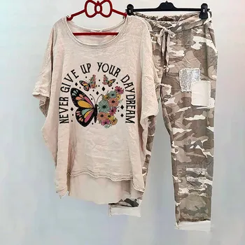 Womens Summer Butterfly Piece Two Short O-Neck Sets Cotton Suit Shirt Print Sleeve Outfits Linen Trousers Long Pants Camouflage 1
