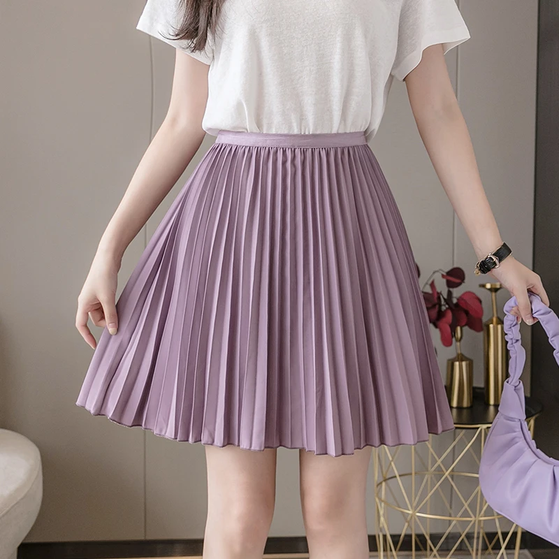 

Women Summer Elastic High Waist Fashion A-line Pleated Short Skirts Female Holiday Style Casual Solid Color Mini Skirt 2021 New