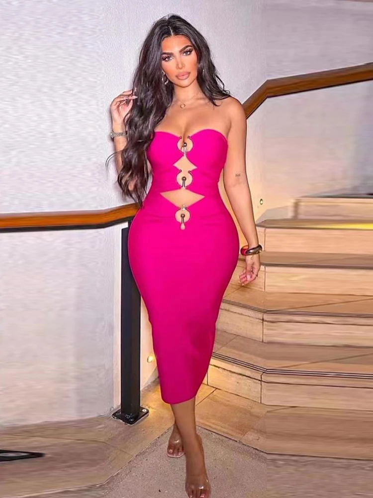 

Женское облегающее платье средней длины, розово-красное элегантное Клубное вечернее платье без бретелек с открытой спиной, лето 2023