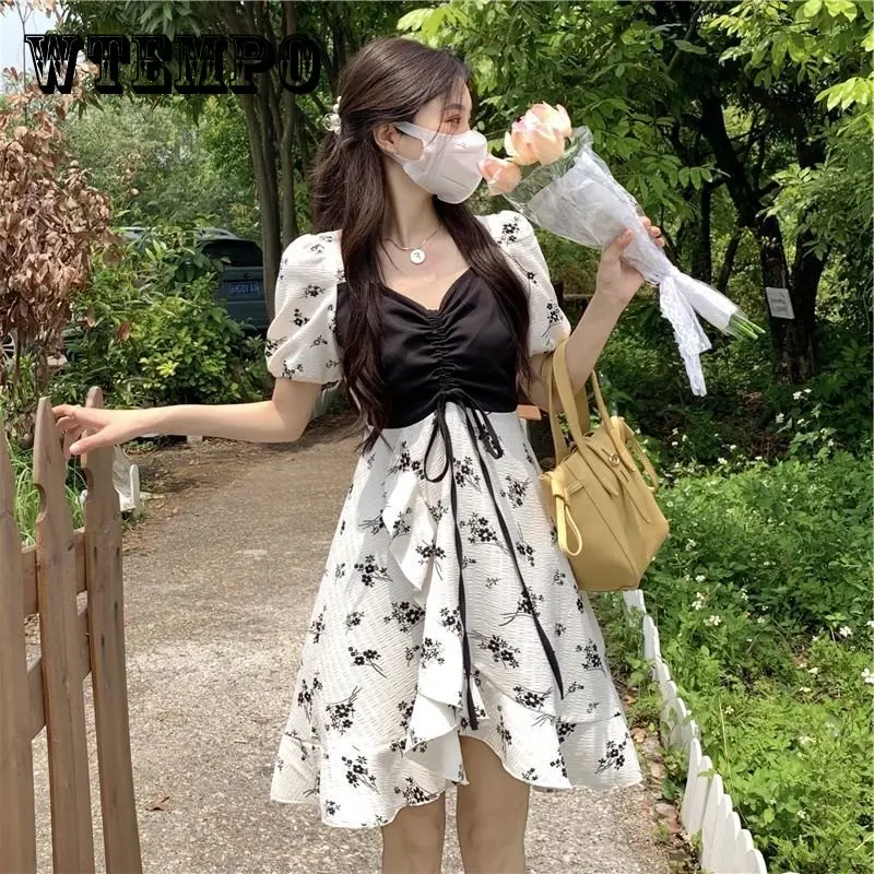 

WTEMPO Summer Short Sleeve Square Collar Ruffles Floral Dress Elegant Sweet Folds Bandage Women Casual Fake Two Pieces Dresses