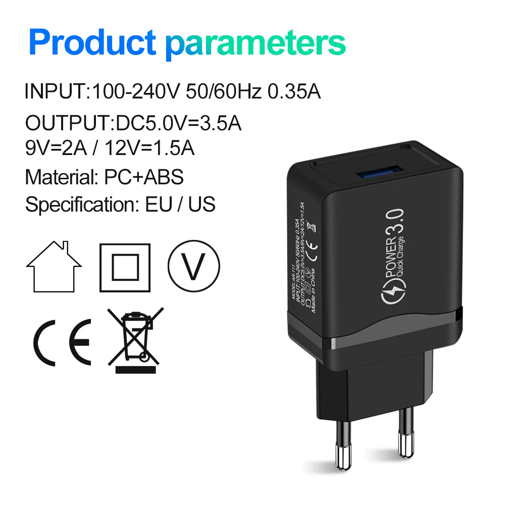 10pcs 18W Eu US Ac Home Travel Wall Charger QC3.0 Fast Quick Charging Power Adapters For Iphone Samsung Huawei Usb Charger