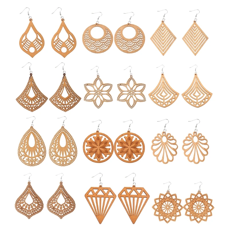 12 пар новые деревянные серьги-капли висячие серьги из полого дерева легкие в