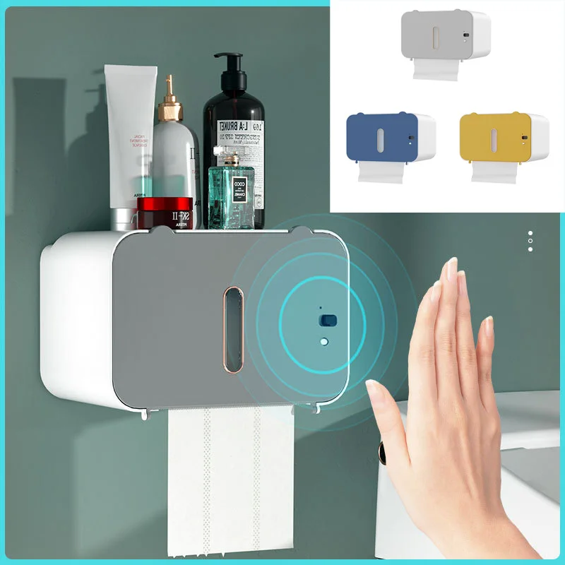 

Punch Free Induction Toilet Paper Holder Shelf Auto Paper Out Rack Wall-Mounted Storage Tissue Dispenser Bathroom Accessories