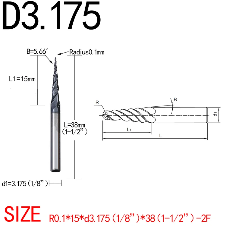 

Радиус = 0,1 мм, хвостовик от 3,175 до 8 мм, HRC55, твердый карбид вольфрама с покрытием, конические сферические концевые фрезы, конусные фрезы для гравировки