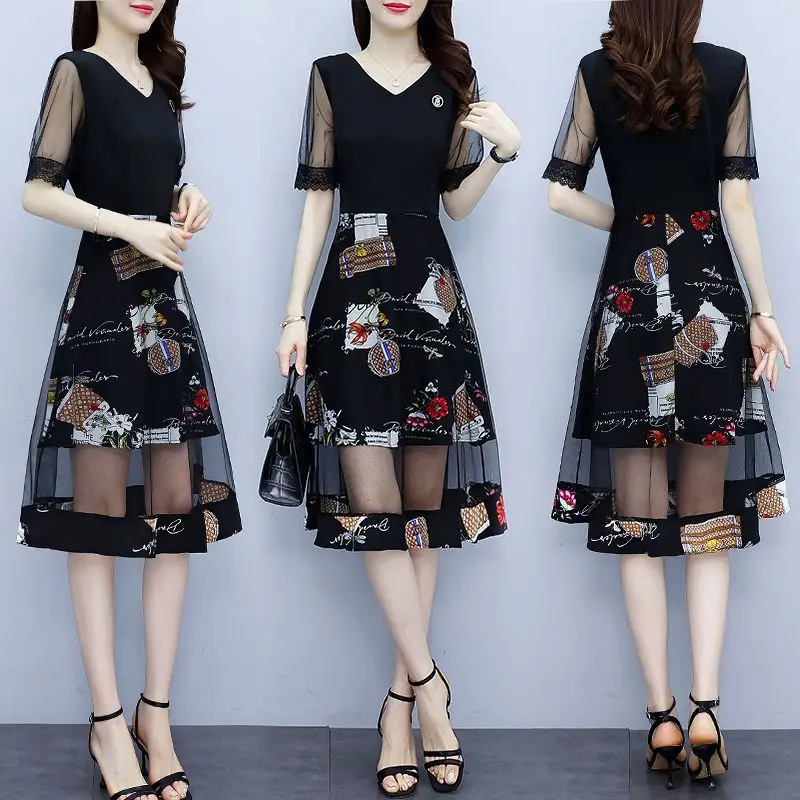 Женское винтажное кружевное платье с коротким рукавом V-образным вырезом и