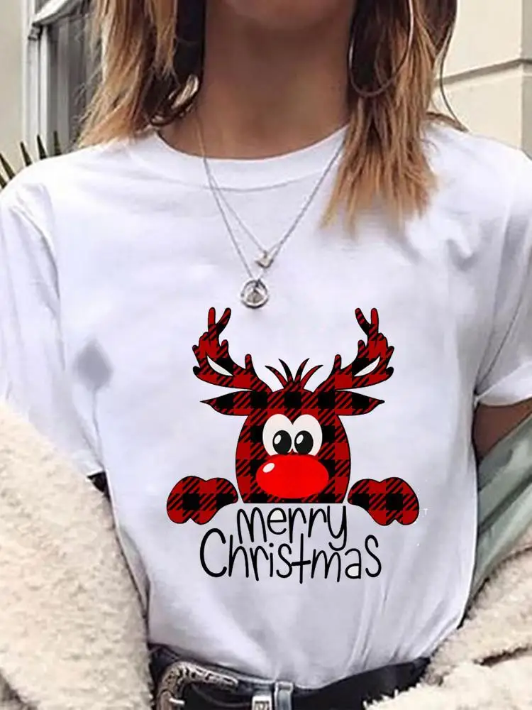 

2022 Fashion Plaid Deer Cute 90s New Year Merry Christmas Clothing T Print Short Sleeve Graphic Tee Women Female Casual T-shirts