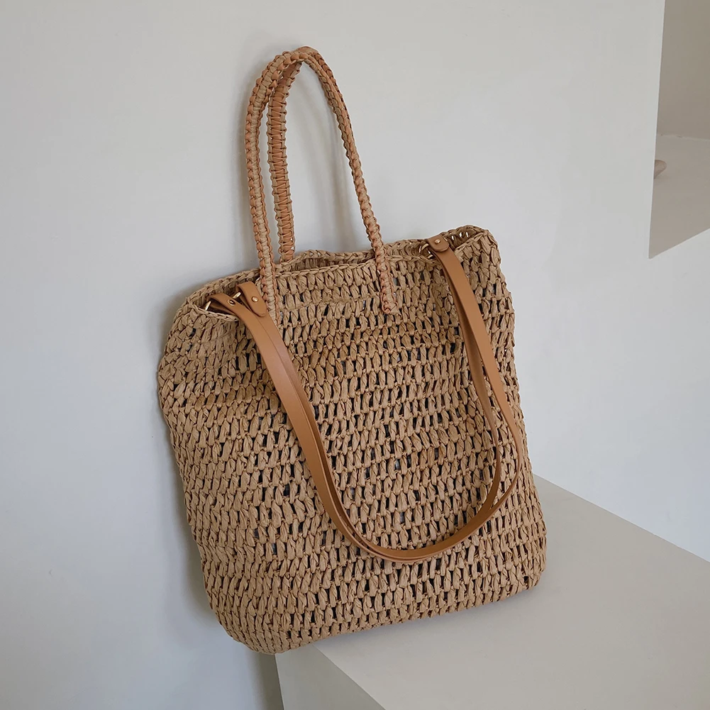 

Women Handbag Summer Beach Bag Rattan Woven Handmade Knitted Straw Large Capacity Totes Leather Women Shoulder Bag Bohemia New