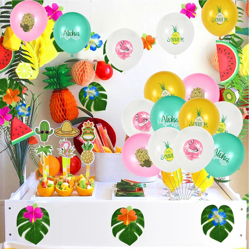 

Summer Tropical Flamingo Pineapple Cactus Latex Balloon Cake Topper Hawaii ALOHA Birthday Banner Hawaiian Party Luau Decorations