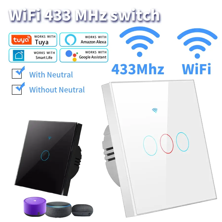 Умный выключатель Szaoju Tuya с Wi-Fi, работает с Alexa, без нейтрального провода, беспроводной, 433 МГц, настенный сенсорный выключатель с дистанционным управлением, переключатель освещения, 1/2/3 клавиши