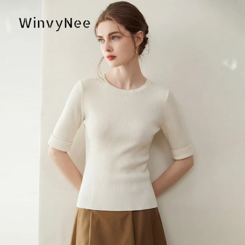 Фото Женская трикотажная футболка WinvyNee из тонкой чистой шерсти Yangzi, однотонная, с отворотами на рукавах, легкая, осенне-зимняя, ZA1827010 №4