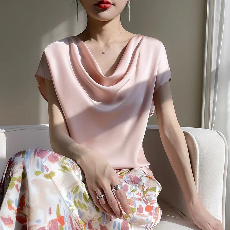 Женская атласная футболка с коротким рукавом свободная рубашка драпировкой и