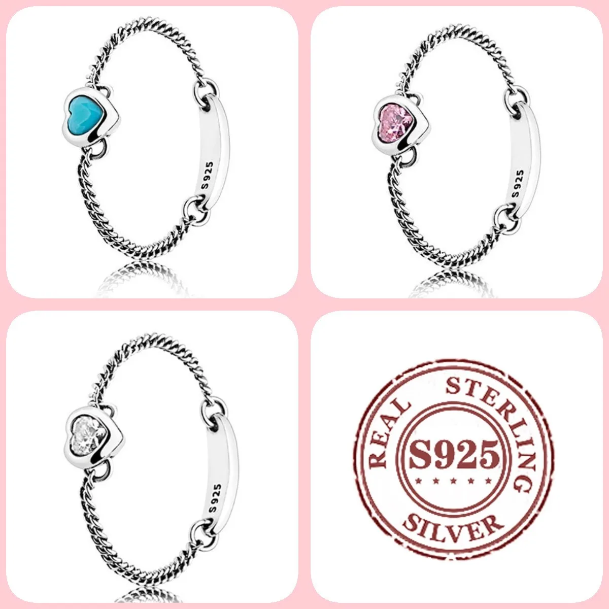 

100% S925 Silver New Heart Pink Diamond Soft Chain PAN Rings Women Wedding Day Gift Diy Charm Fine Jewelry