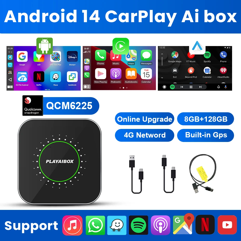 

CarPlay Ai Box Android 14 Беспроводной адаптер Carplay Android Auto 8 ГБ + 128 ГБ Встроенный GPS для Youtube Netflix для OEM CarPlay