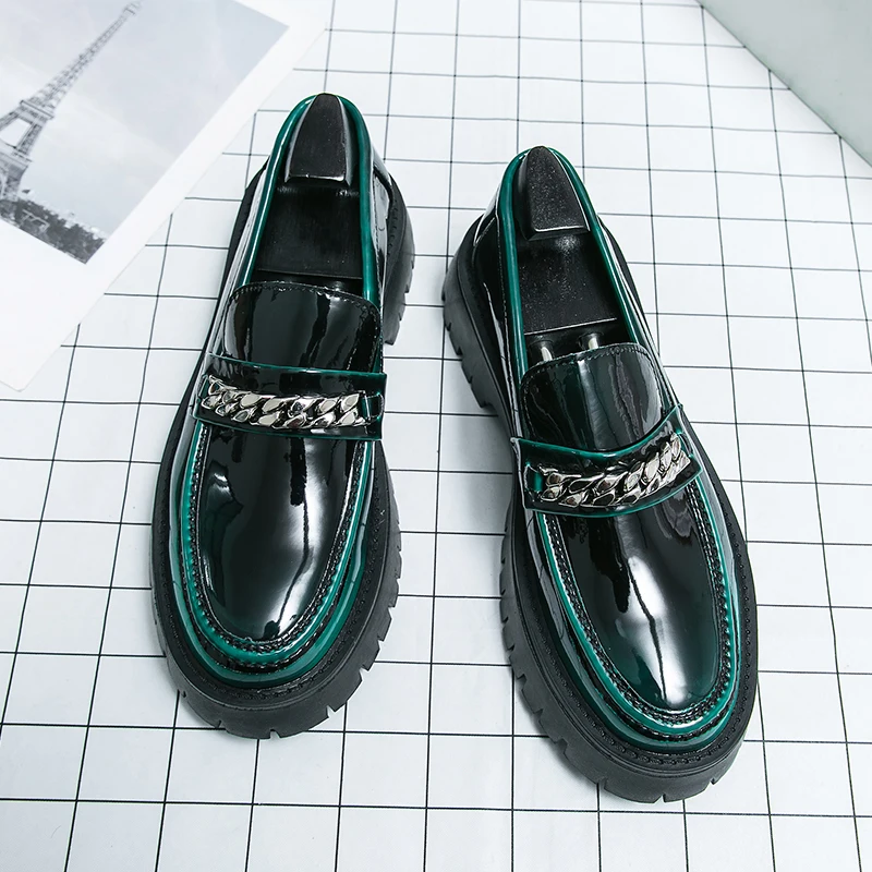 

big size men's fashion patent leather shoes slip on driving shoe black green summer loafers wedding party platform footwear male