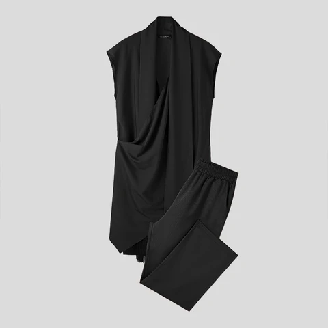 Комплекты в мусульманском стиле мужской стильный халат без рукавов длинные брюки INCERUN мужские однотонные хорошо облегающие мусульманские комплекты из двух предметов