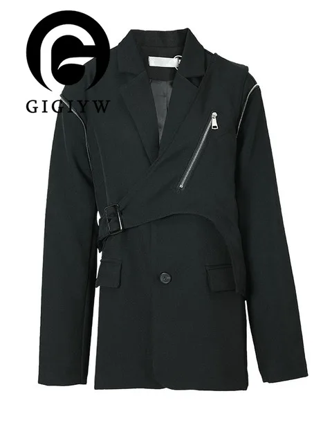 

Женский Асимметричный Блейзер GIGIYW, черный пиджак большого размера на молнии с длинным рукавом и отложным воротником, свободного покроя, весна-осень, 2023