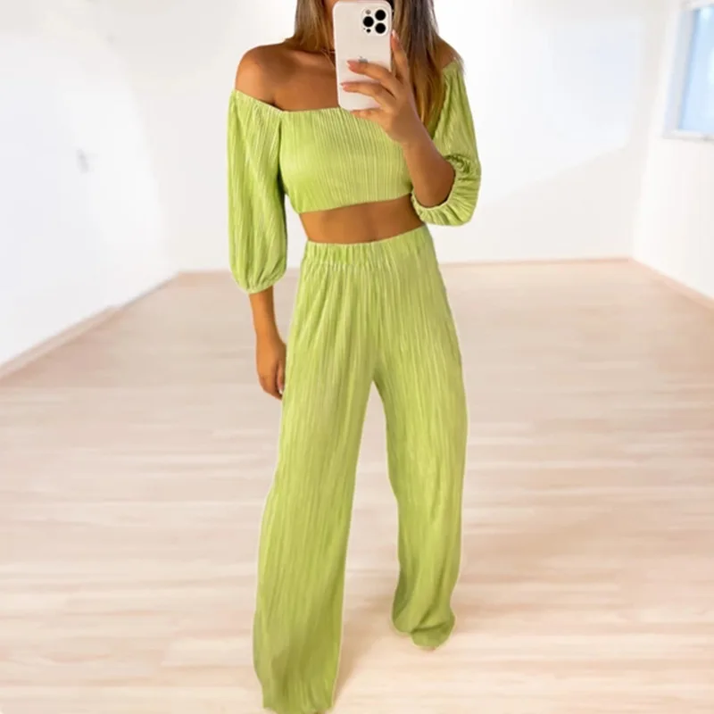 

Sexy Off Shoulder Blouse and Long Pants Outfits Women Casual Long Sleeve Loose Two Piece Suits Office Elegant Pleated Solid Sets