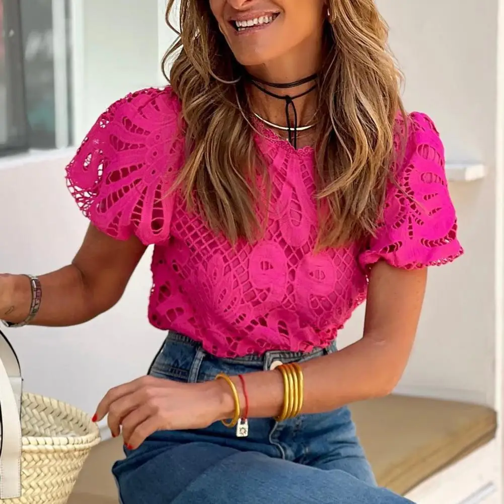 

Women Top Solid Colot Hollow Out Puff Sleeve Top Embroidered Lace Blouse Shirt Vintage O-Neck Summer Pullover Top
