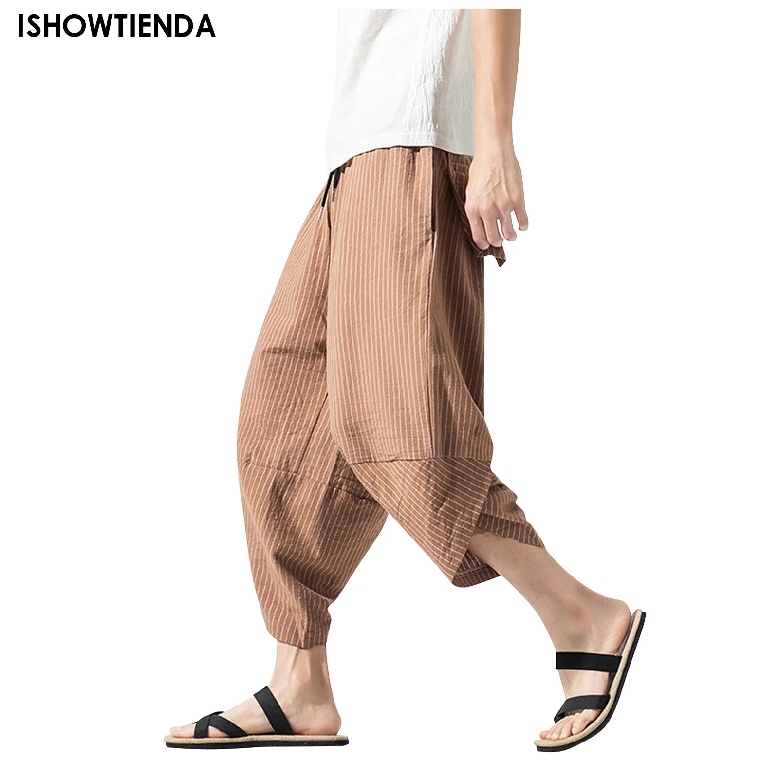 

Брюки-султанки мужские в полоску, повседневные штаны в стиле хип-хоп, брюки-шаровары до щиколотки, уличная одежда, укороченные штаны