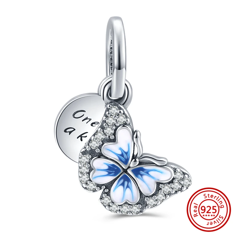 2023 Hot Sale 925 Sterling Silver Fashion Butterfly Pendants Blue Beads Fit Original Pandora Leather Bracelet DIY Jewelry Gifts images - 6