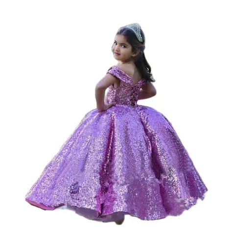 Фиолетовые платья с блестками для девочек, платья принцессы с открытыми плечами для свадьбы, цветочные платья для девочек, корсет на спине, Детские платья для девочек