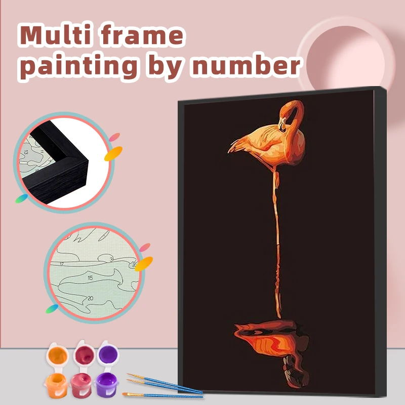 

CHENISTORY Oil Paint By Numbers Flamingos Diy Multi Aluminium Frame Wall Art HandPainted Coloring Numbers Canvas Wall Home Decor