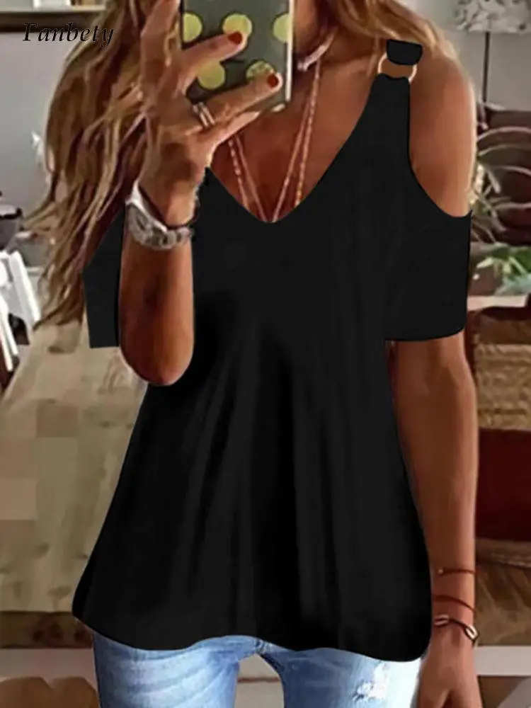 

Elegant Fashion Off Shoulder Shirt Blouses Women 2022 Summer Short Sleeve V-Neck Tops Pullover Female Casual Solid Loose Blouse