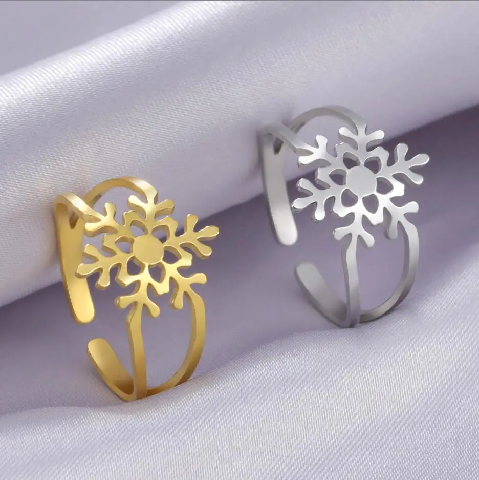 

1PC Stainless Steel Rings Snowflake Christmas Fashion Adjustable Couple Ring For Women Jewelry Wedding Party Matching F1161