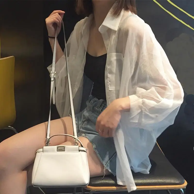 2022 Summer New Women Sunscreen Shirts Korean White Loose Polo collar Thin Chiffon Shirt Casual Street Woman Cardigan Blouses