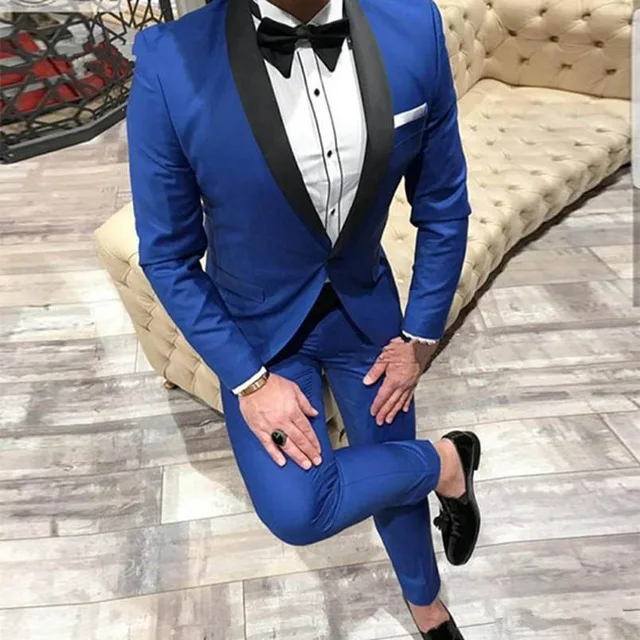 

New Royal Blue One Button Groomsmen Shawl Lapel Groom Tuxedos Men Suits Wedding/Prom Best Man Blazer ( Jacket+Pants+Tie)
