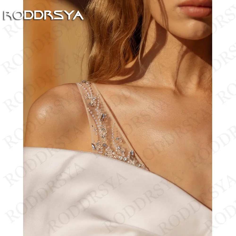 Фото Женское атласное свадебное платье RODDRSYA, простой сарафан цвета слоновой кости с открытыми плечами и открытой спиной, ТРАПЕЦИЕВИДНОЕ ПЛАТЬЕ С Бисером, свадебное платье Простые свадебные платья из атласа цвета слоново №3