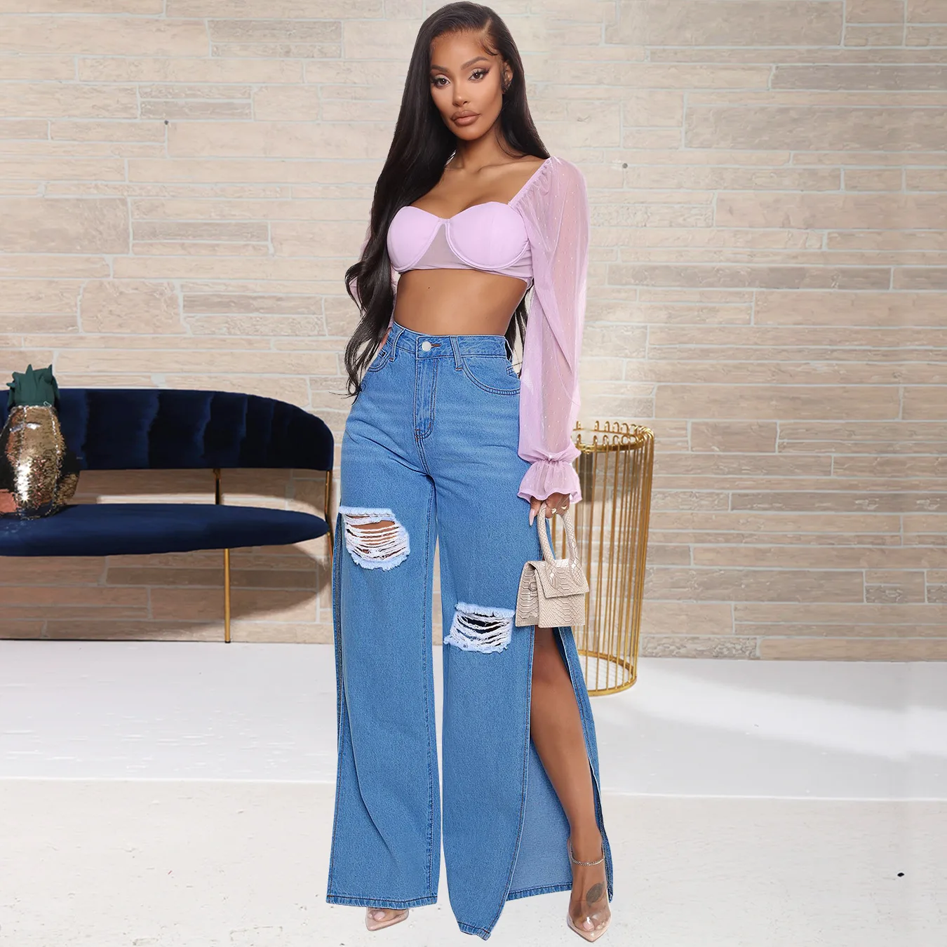 

Women's Pants Hem Split Hook Flower Hollow Loose Wide Leg Pants for Women Summer Streetwear Casual Women's Jeans Flare Pants