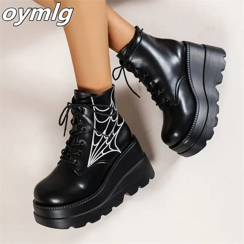 

Thick Sole Wedge Riding Boots Women's 2022 Autumn/Winter Spider Web Round Toe Lace Up Women's Short Leather Boots Trend