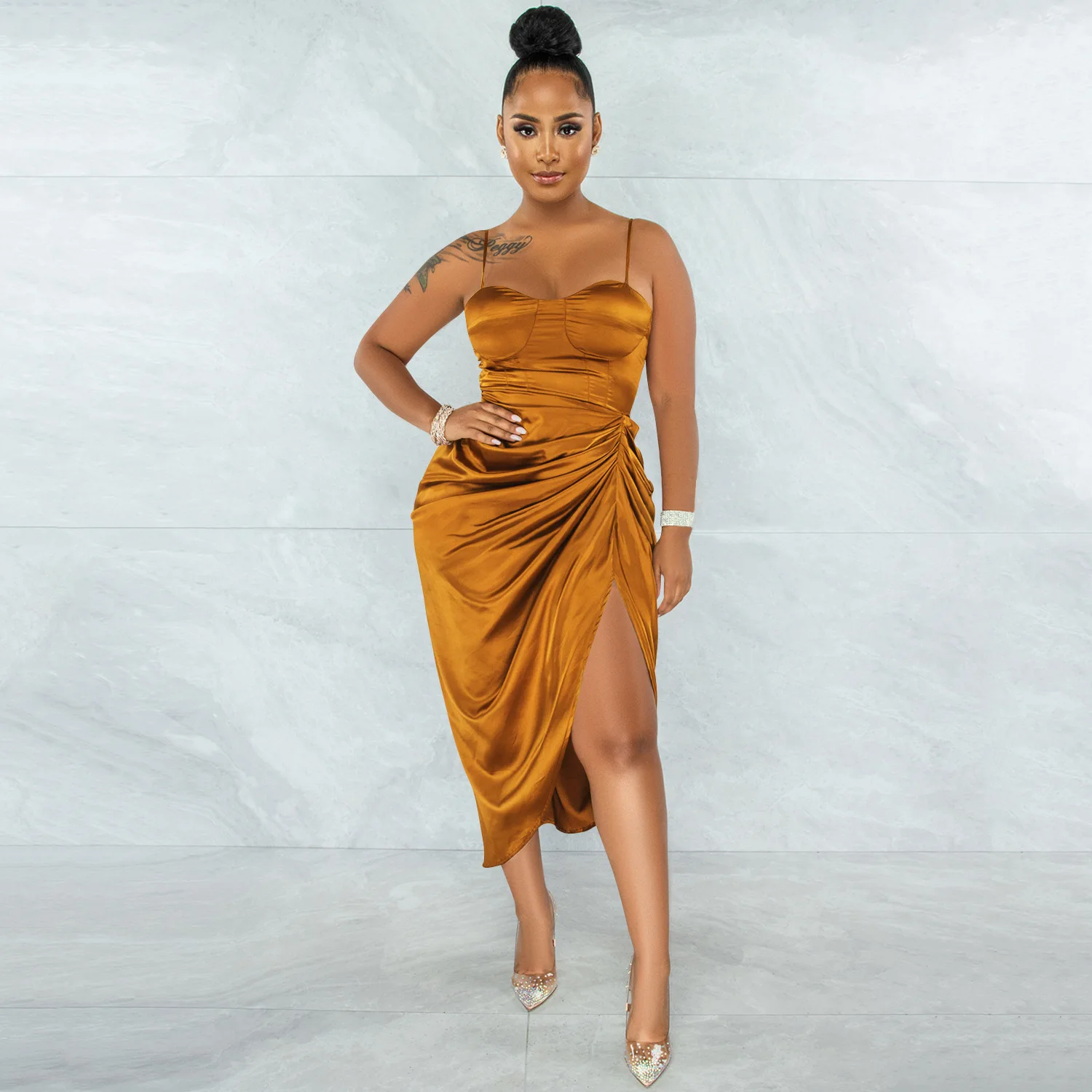 

Women Spaghetti Strap Sweetheart Neck Ruched Side Slit Dress Autumn Winter Sexy Club Party Night Irregular Dresses