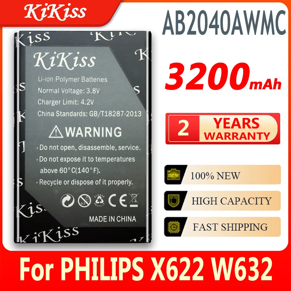 

KiKiss Li-Polymer Battery 3200mAh For PHILIPS Xenium X622 W632 W336 V726 CTX622 CTW632 CTW336 Batteries AB2100AWMC