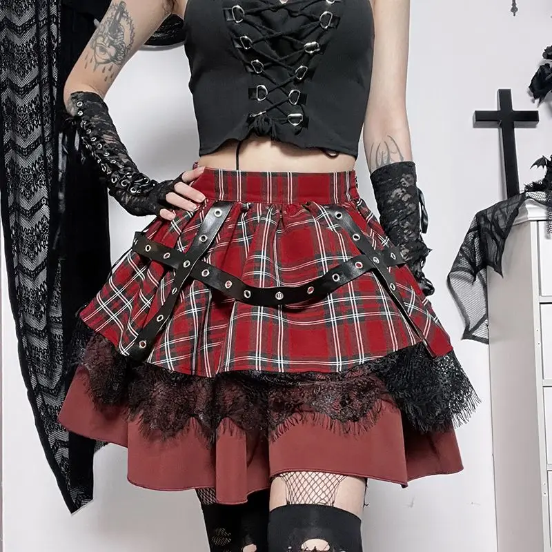 

Summer High Waist Slim Contrast Color Plaid Mini Jupe Lace Patchwork A-line Puffy Skirt Y2k Subcultural Punk Gothic Faldas
