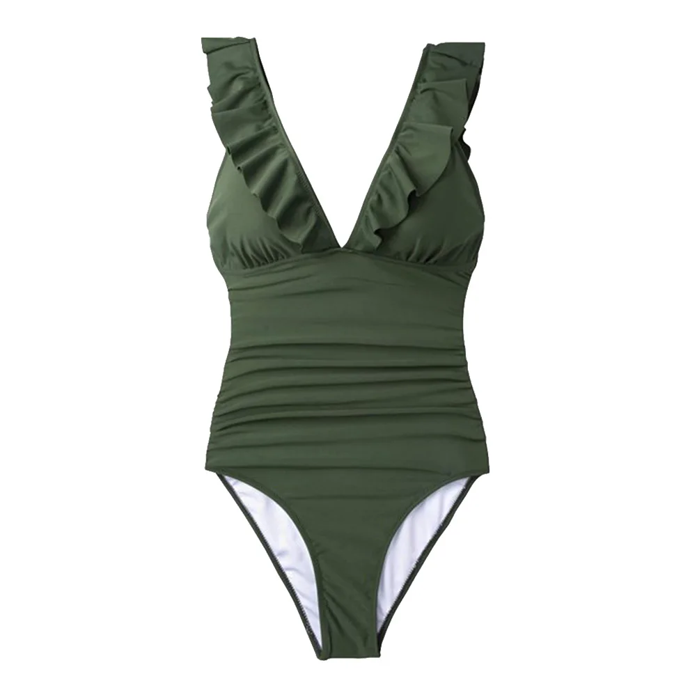 

Sleeveless Beach Ruffled Collar Solid V Neck Chinlon Women Swimsuit Summer Padded Water Sports Vocation Bathing Suit Swimming