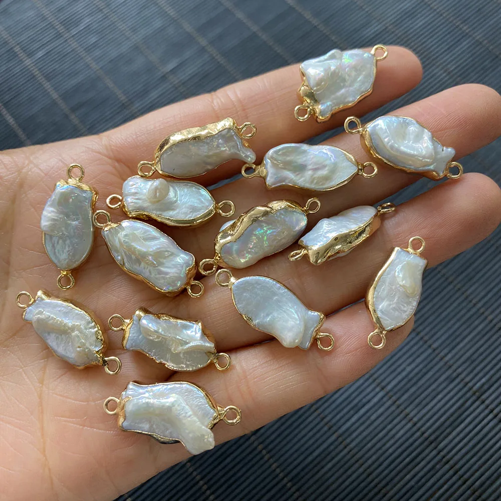 

2pcs White Irregular Shell Pearl Connector Natural Pearl Double Hole Pendant Metal Edge Jewelry Accessories DIY Making Necklace