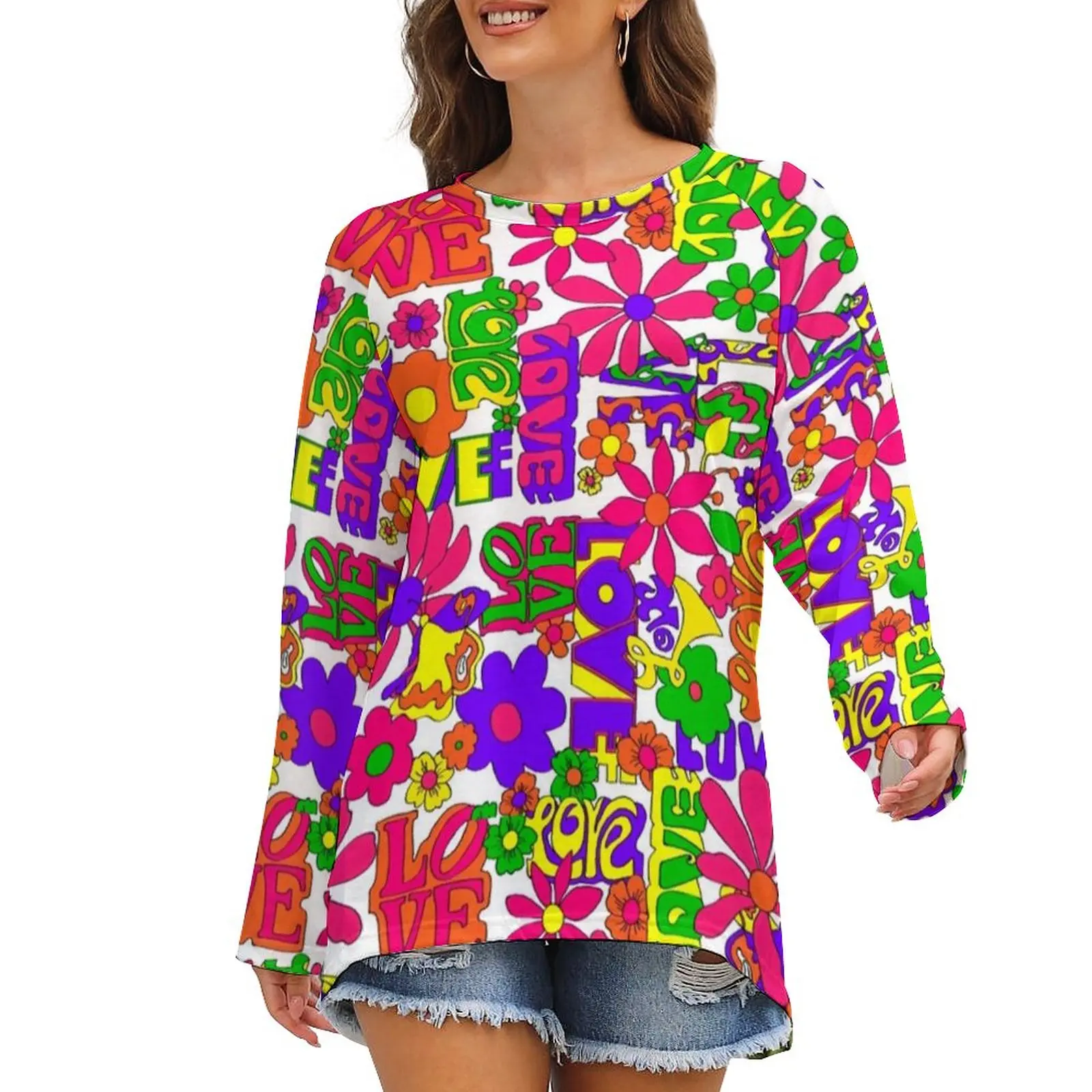 

Vintage Peace 60S T-Shirt Floral Print Funny Long Sleeve T-Shirts Korean Fashion Oversized Tee Shirt Female Pattern Clothes Gift