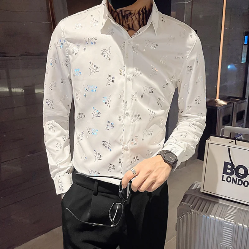 2022 Flower Men's Shirts Autumn Slim Fit Casual Business Formal Dress Shirt Fashion Social Streetwear Tuxedo Blouse Men Clothing