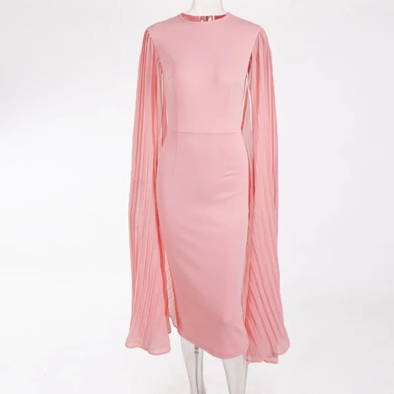 

2021 Women Plus Size Pink Temperament Pleated Long Flared Cape Sleeve Mid-length Skirt O-neck Slit Back Stretch Dress