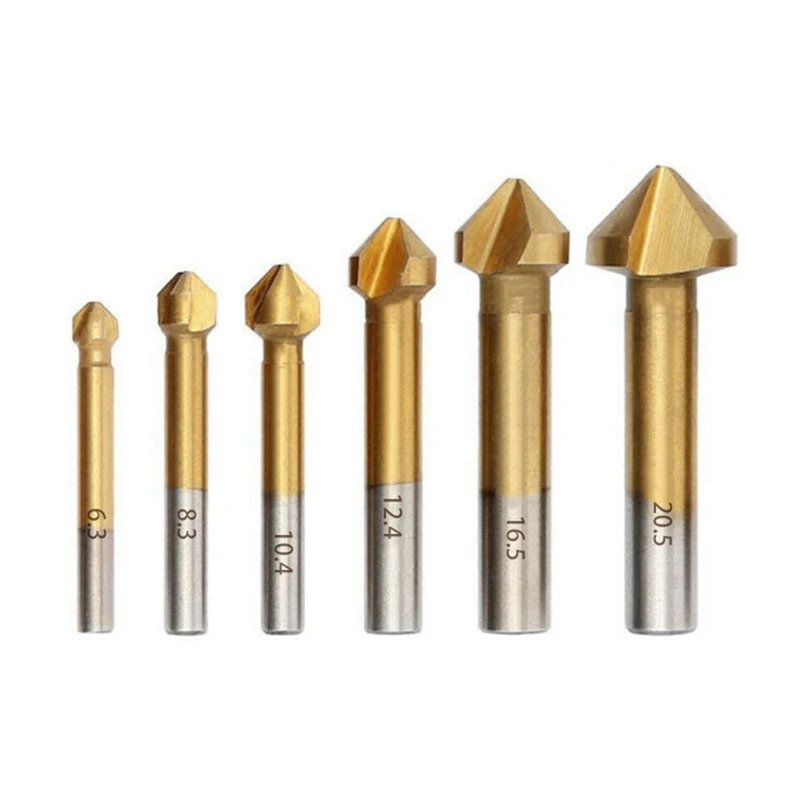 

6Pcs Round Shank 3 Flute 90 Degree HSS Chamfer Chamfering Cutter End Mill Tool Countersink Drill Bit Set