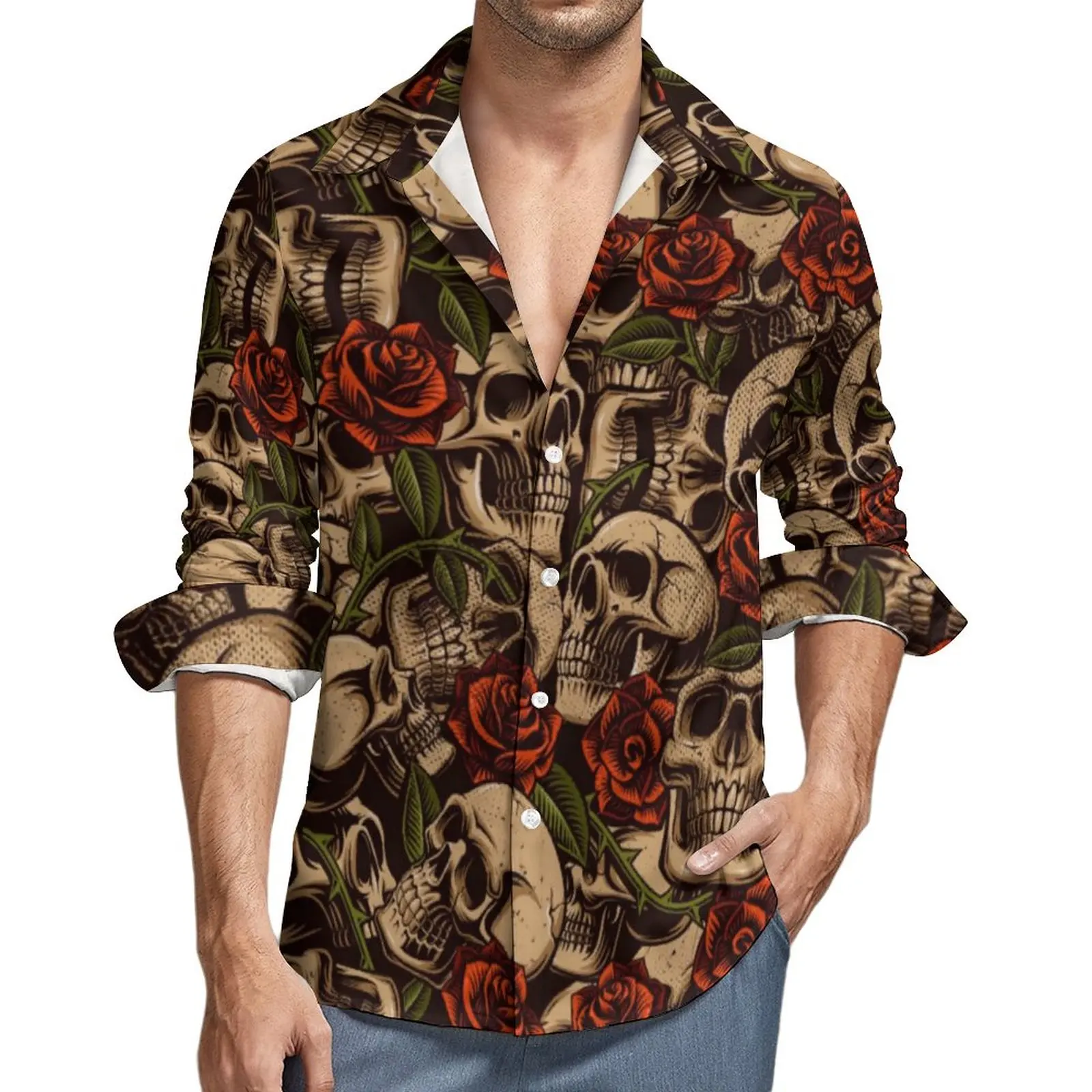 

Suger Skull Print Shirt Spring Red Roses Casual Shirts Male Loose Blouses Long Sleeve Custom Stylish Clothes Big Size