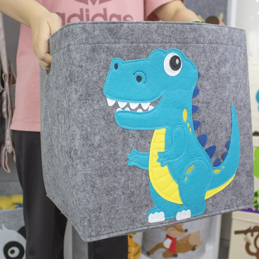 

Felt Storage Basket With Handles Collapsible Washable Cartoon Embroidery Square Box for Bedroom Office Closet Toys Organizer Bin
